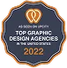 A circular badge reads "As seen on Upcity. Top Graphic Design Agencies in the United States 2022" with orange trim and white text on a dark background.