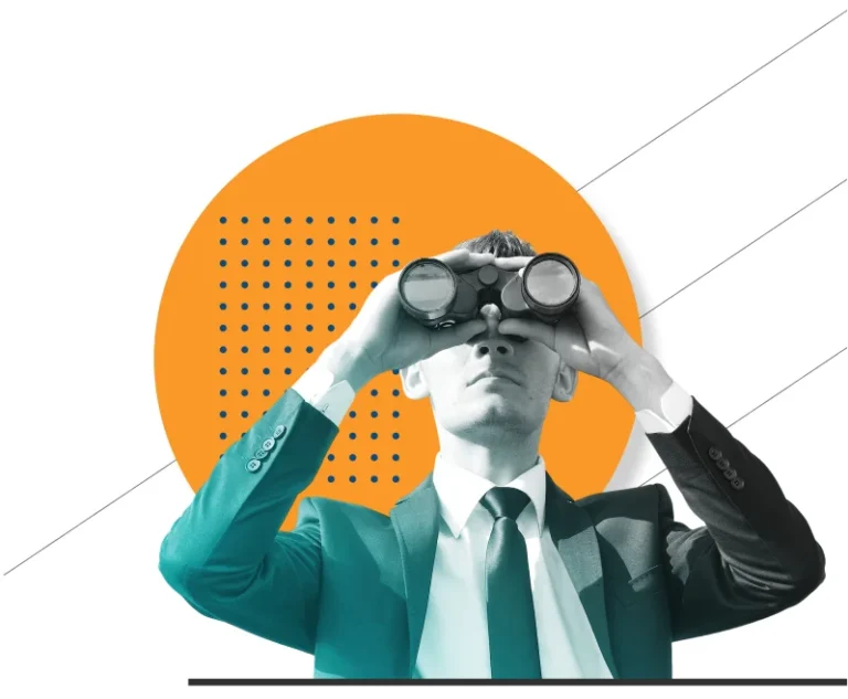 A man in a suit looks through binoculars, with an orange circle and dotted pattern in the background.