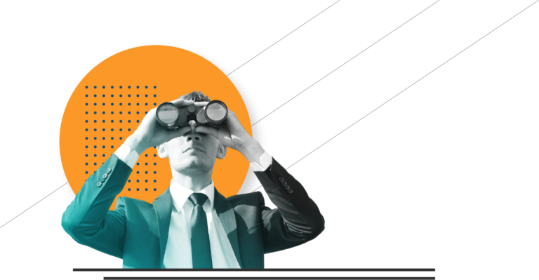 man in business coat and tie looking at binoculars with yellow circle and lines at the back