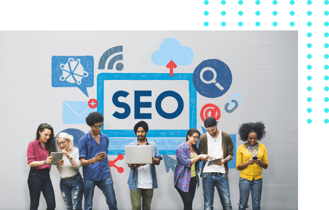 A diverse group of people stand in front of a wall with SEO-related icons, each using digital devices such as laptops and tablets.