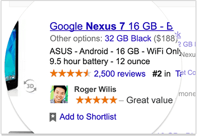 Opting out of Google Endorsements A screenshot of the search results page where a profile picture is listed next to a review.