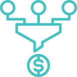 A graphic of three circles directed to go down to a filter; at the tip of the filter is a dollar coin