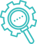 A graphic of a magnifying glass overlaid on a polygon bolt on a transparent background