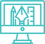 A graphic of a desktop monitor displaying a pencil, tip of a pen, and a ruler