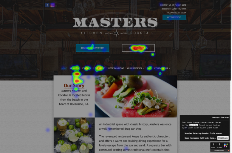 A restaurant website’s homepage with a heat map graph in some areas