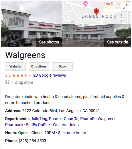 A screenshot of a Walgreens Google My Business Listing showing in the search results page.