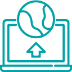 A graphic of a laptop with an arrow on lower side pointing to a globe on the upper side