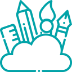 A graphic of a cloud with ruler, pencil, paintbrush, and pen on top on a transparent background