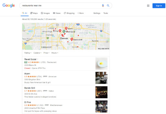 Google search results of “restaurants near me”