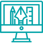 A graphic of a desktop monitor displaying a pencil, tip of a pen, and a ruler