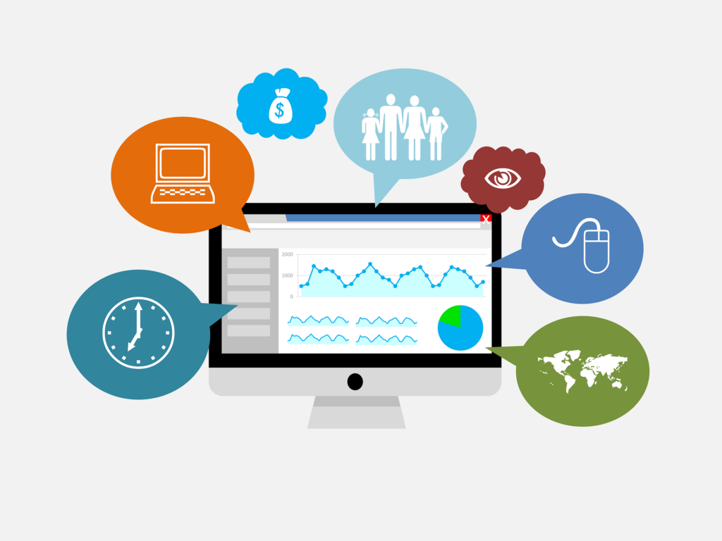 graph of analytics shown on screen with speech bubbles with icons inside