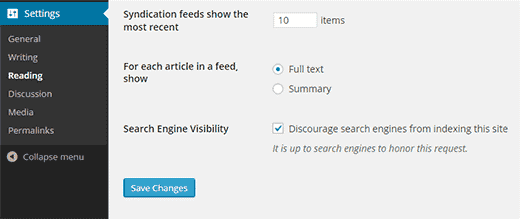 search engine visibility settings screenshot