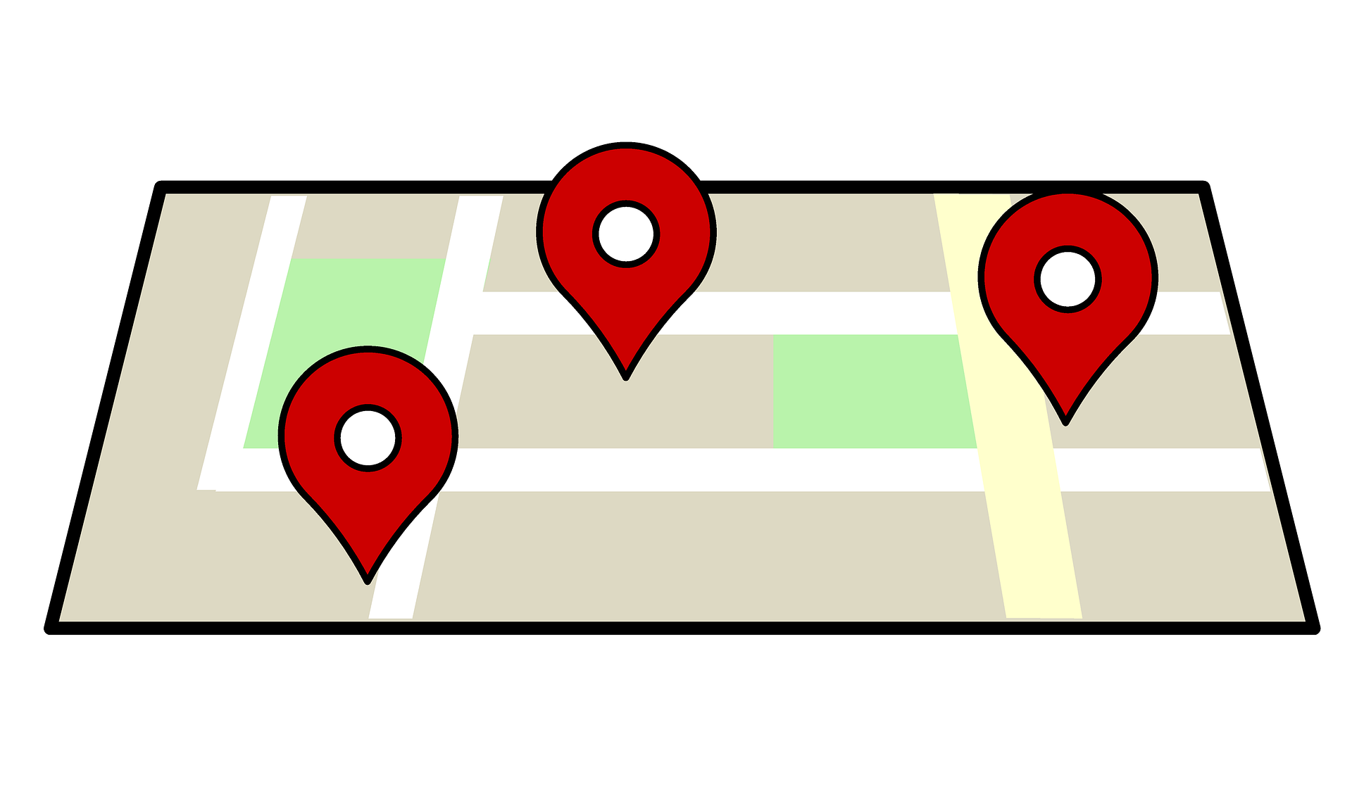Google map with three red pins