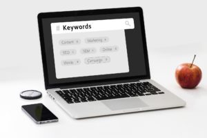 keyword and seo terms on a laptop screen