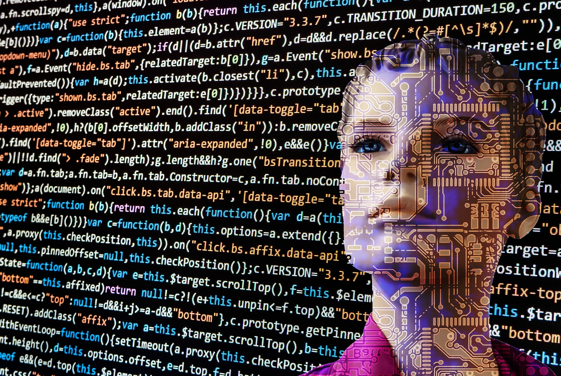 closeup of female robot looking at codes