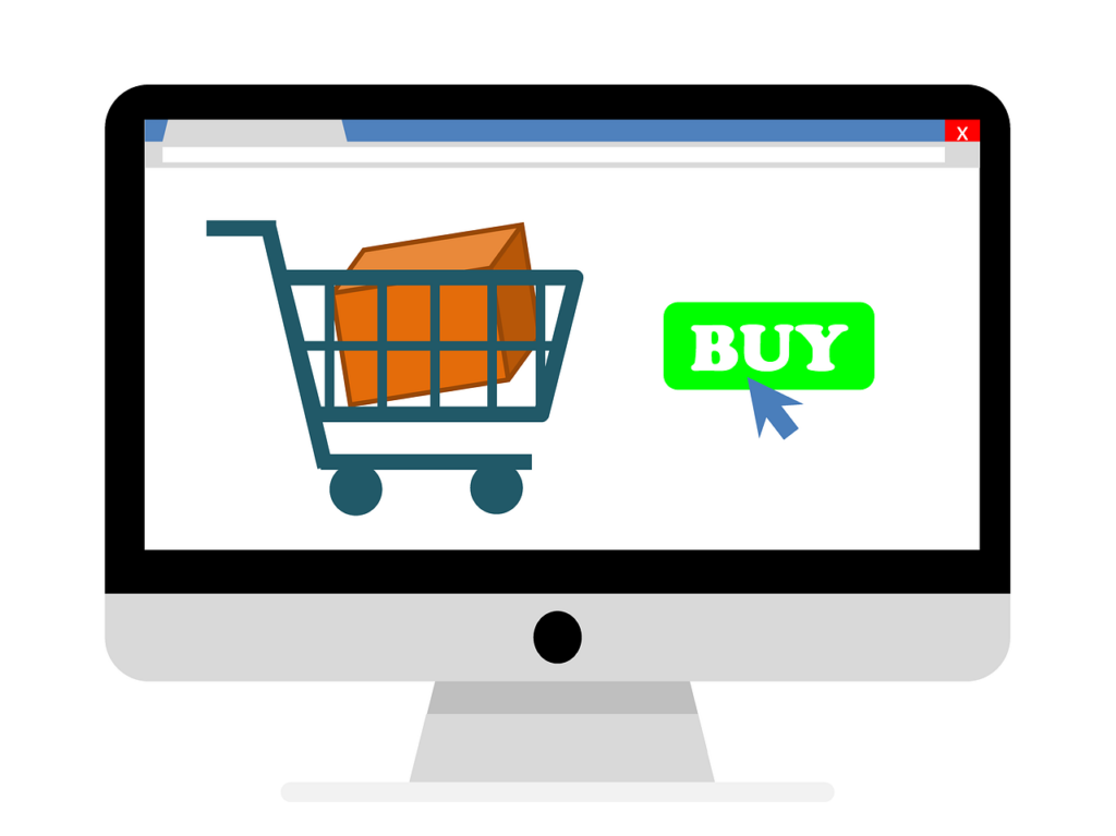 computer monitor with shopping cart and buy button