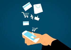 Illustration of person paying via cellphone in online shop