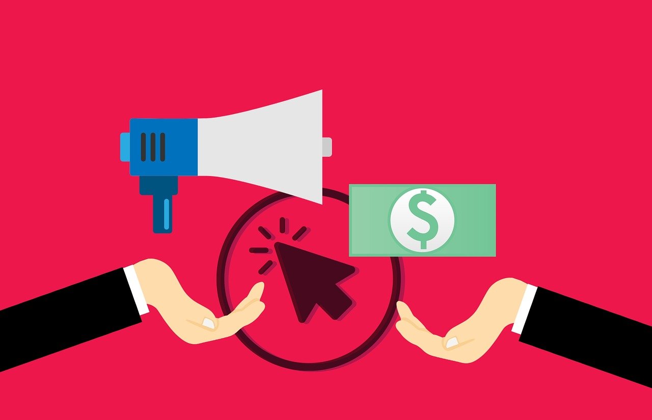 two hands megaphone dollar bill and arrow in PPC Marketing