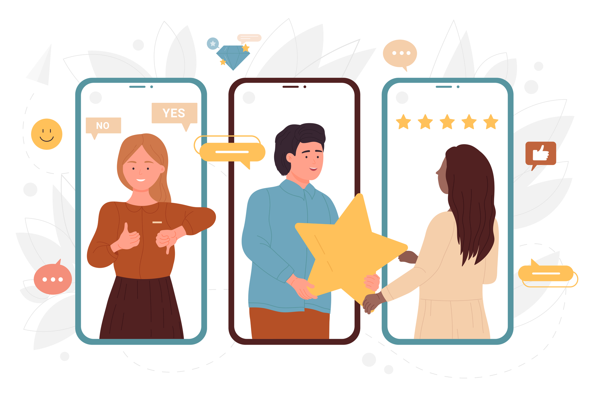 People customers provide review on screens of mobile phones