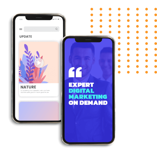 Mobile-Optimizationpng | Epidemic Marketing Two smartphones side by side; one displays a nature-themed app, the other shows a digital marketing message over a blurred business background. Orange dots are arranged at the top right.