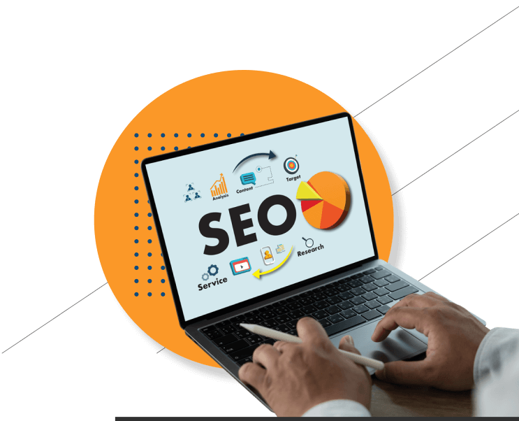 Person using a laptop displaying an SEO graphic with charts, icons, and a pie chart, set against an orange circle background.