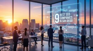 A group of professionals in a modern office with large windows view a digital display reading "9 Best SEO Companies in San Diego," with a cityscape and sunset in the background.