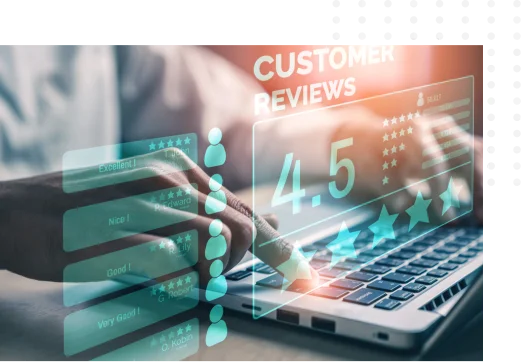 A person uses a laptop with a digital overlay showing a 4.5-star customer review rating and various feedback categories.
