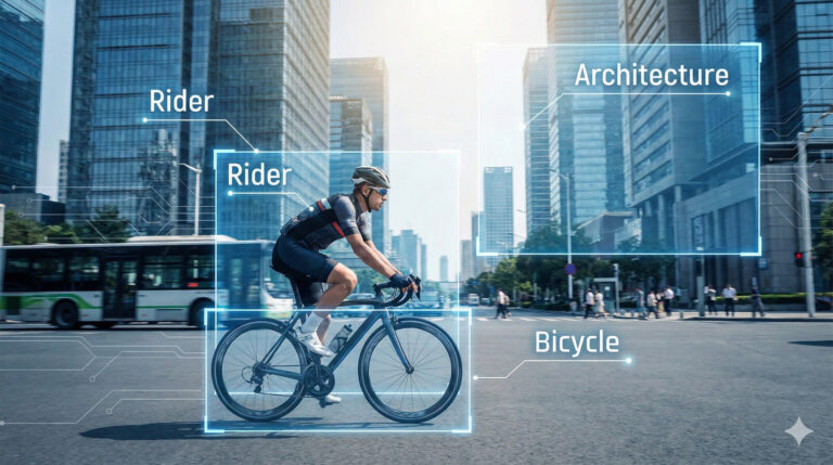 | Epidemic Marketing A cyclist rides a bicycle on a city street with modern buildings; digital labels identify "Rider", "Bicycle", and "Architecture.